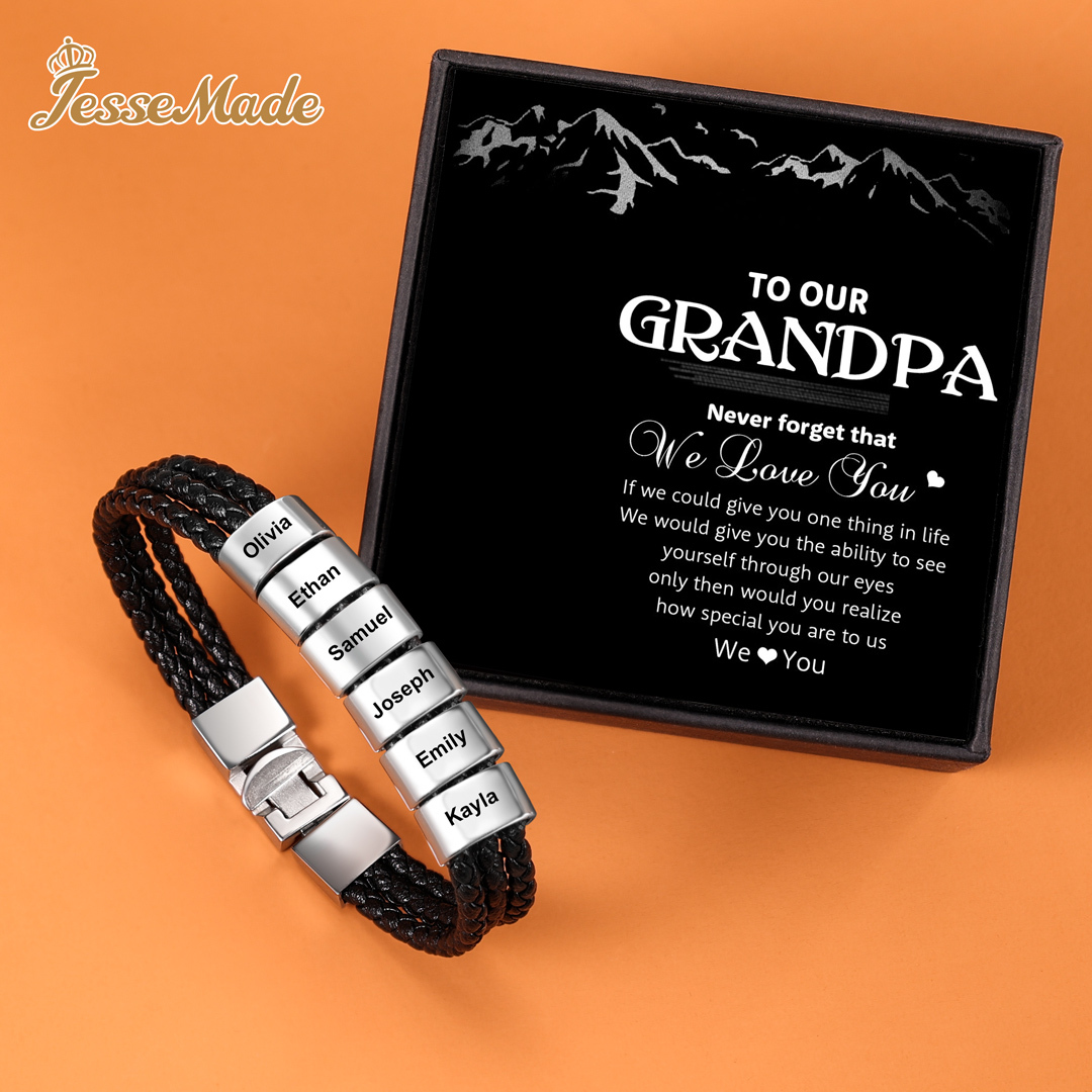 Personalised Braided Leather Bracelet Engraved 6 Names Men's Bracelet Gifts For Him-Jessemade AU
