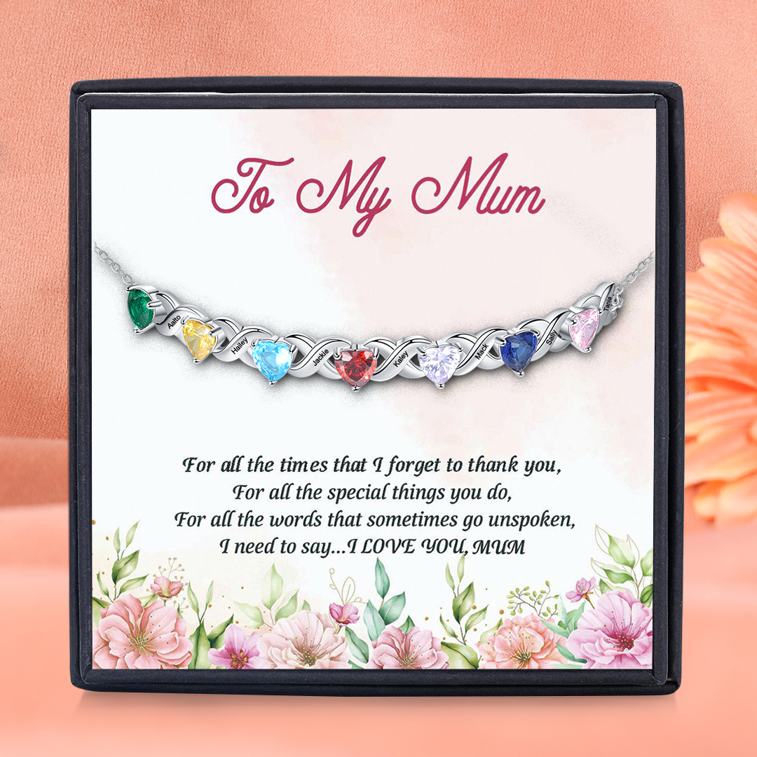 Personalised Bracelet With 7 Heart Birthstones Engraved Names Bracelet Gift For Women-Jessemade AU