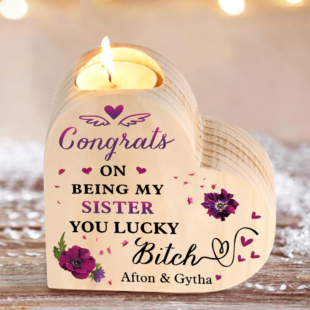 Personalised Heart Candle Holder Customised 2 Names Violet Wooden Candlestick "Congrats On Being My Sister" Funny Gift for Friend-Jessemade AU