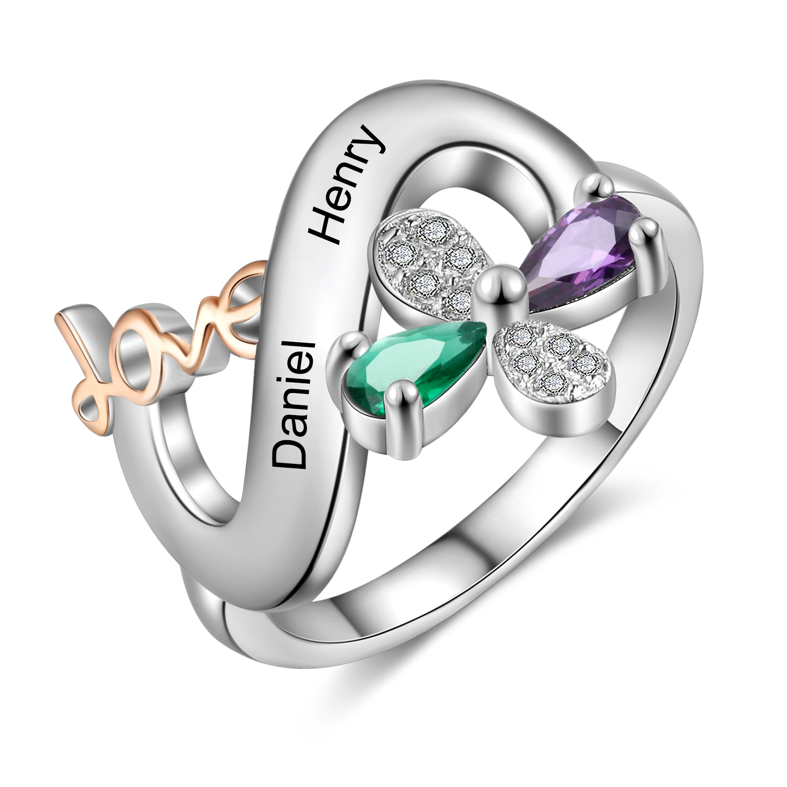 Personalised Butterfly Ring Custom 2 Birthstones Love Ring Gifts For Her-Jessemade AU