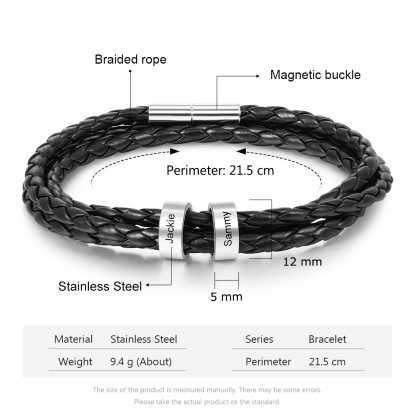 Leather Braided Bracelet Men Bracelets Personalised 2 Names 2 Beads Gift For Dad-Jessemade AU