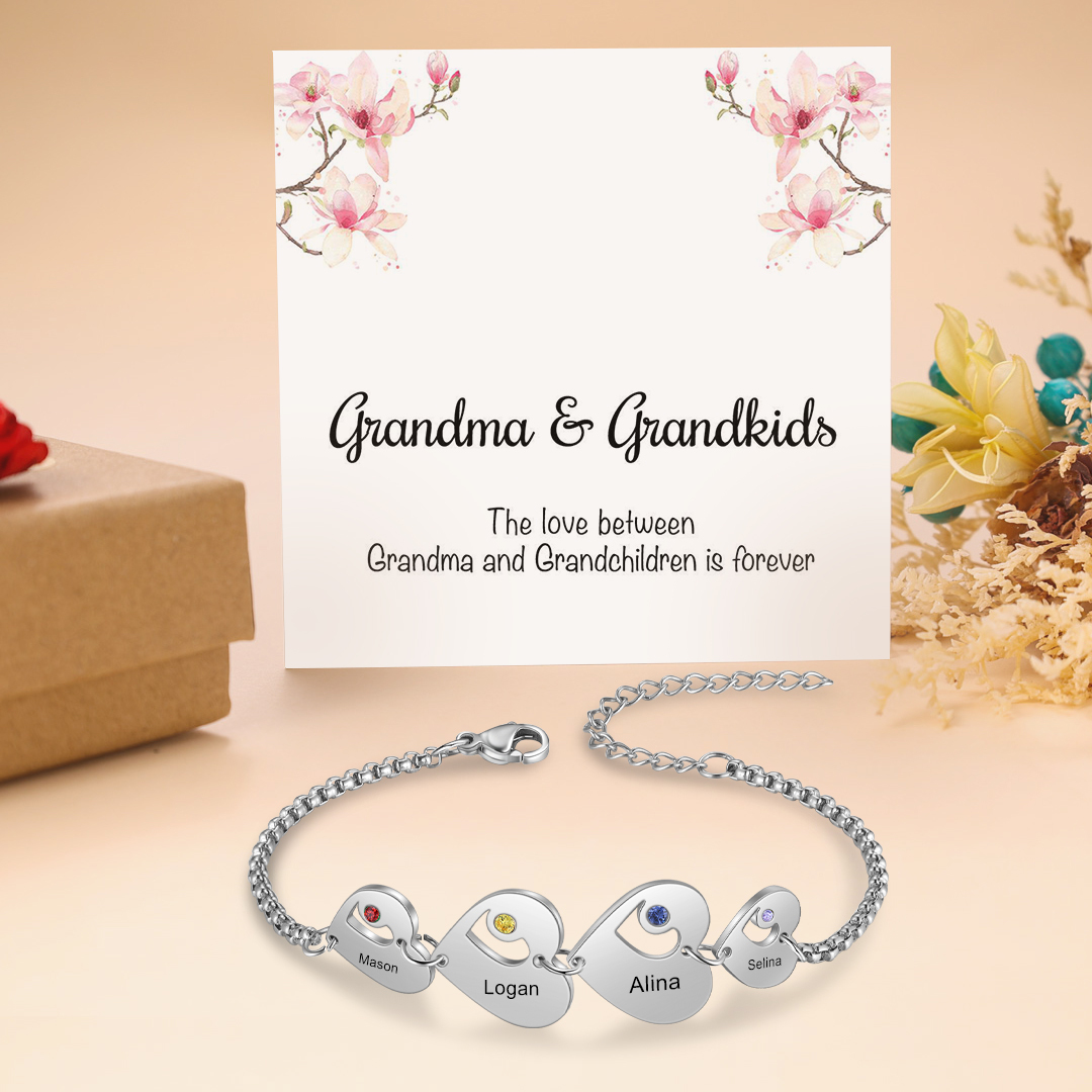 Personalised Heart Bracelet with Birthstones Custom 4 Names Family Bracelet Gifts for Her-Jessemade AU