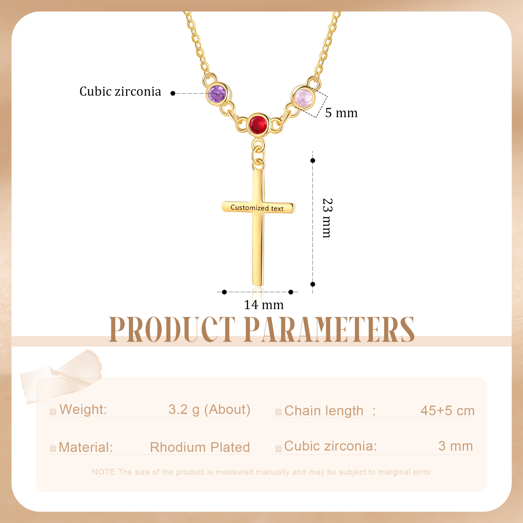 Personalised Cross Pendant Necklace Custom 3 Birthstones & 1 Text Necklace Birthday Gift for Her-Jessemade AU