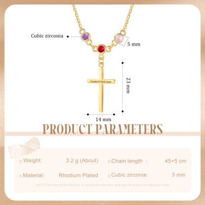 Personalised Cross Pendant Necklace Custom 3 Birthstones & 1 Text Necklace Birthday Gift for Her-Jessemade AU