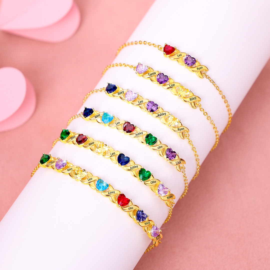 Family Custom Bracelet Heart Personalised with 2 Birthstones Gift Box Set-Jessemade AU