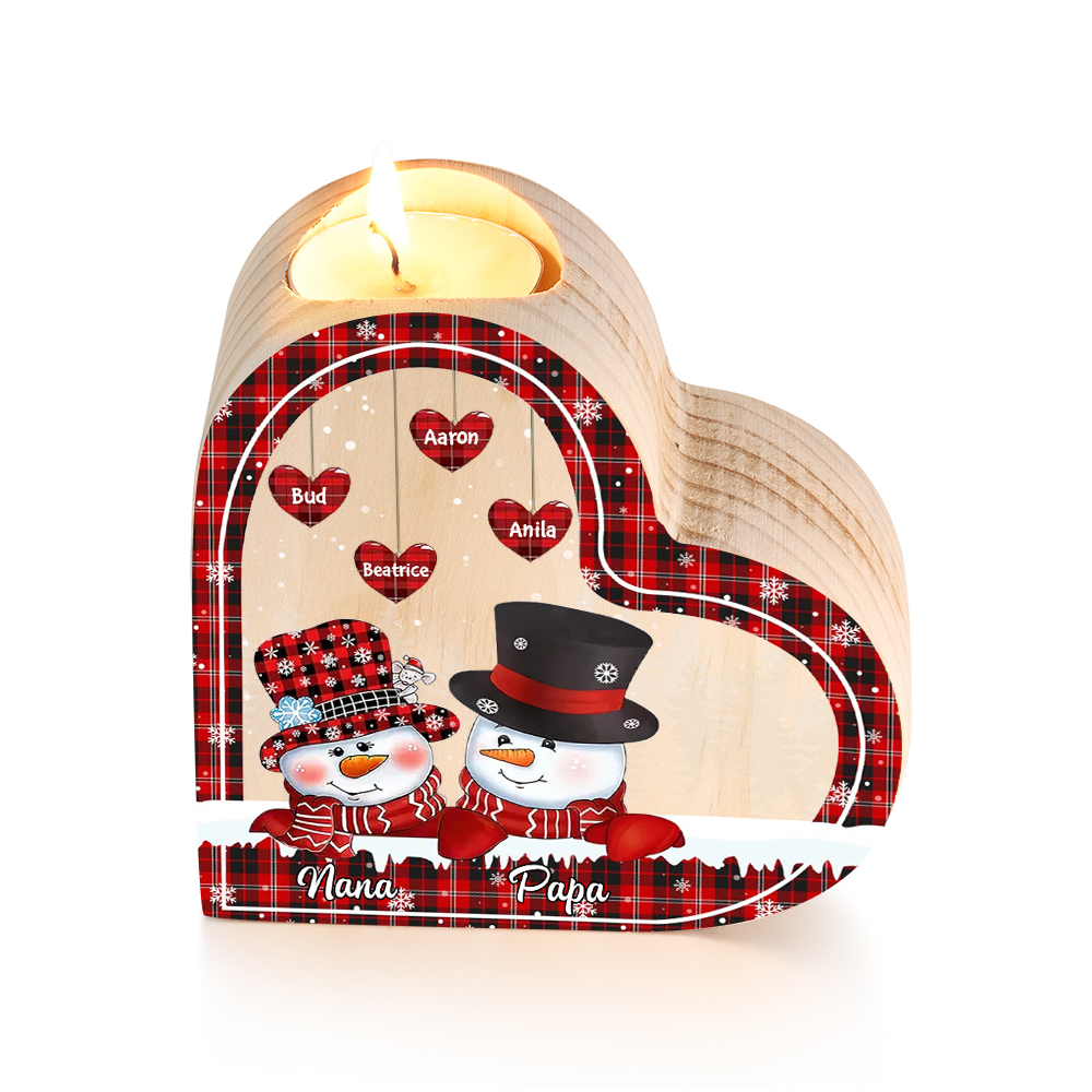 Heart-Shaped Christmas Candle Holder Engraved 6 Names Snowman Candlesticks Personalised Gift for Family-Jessemade AU