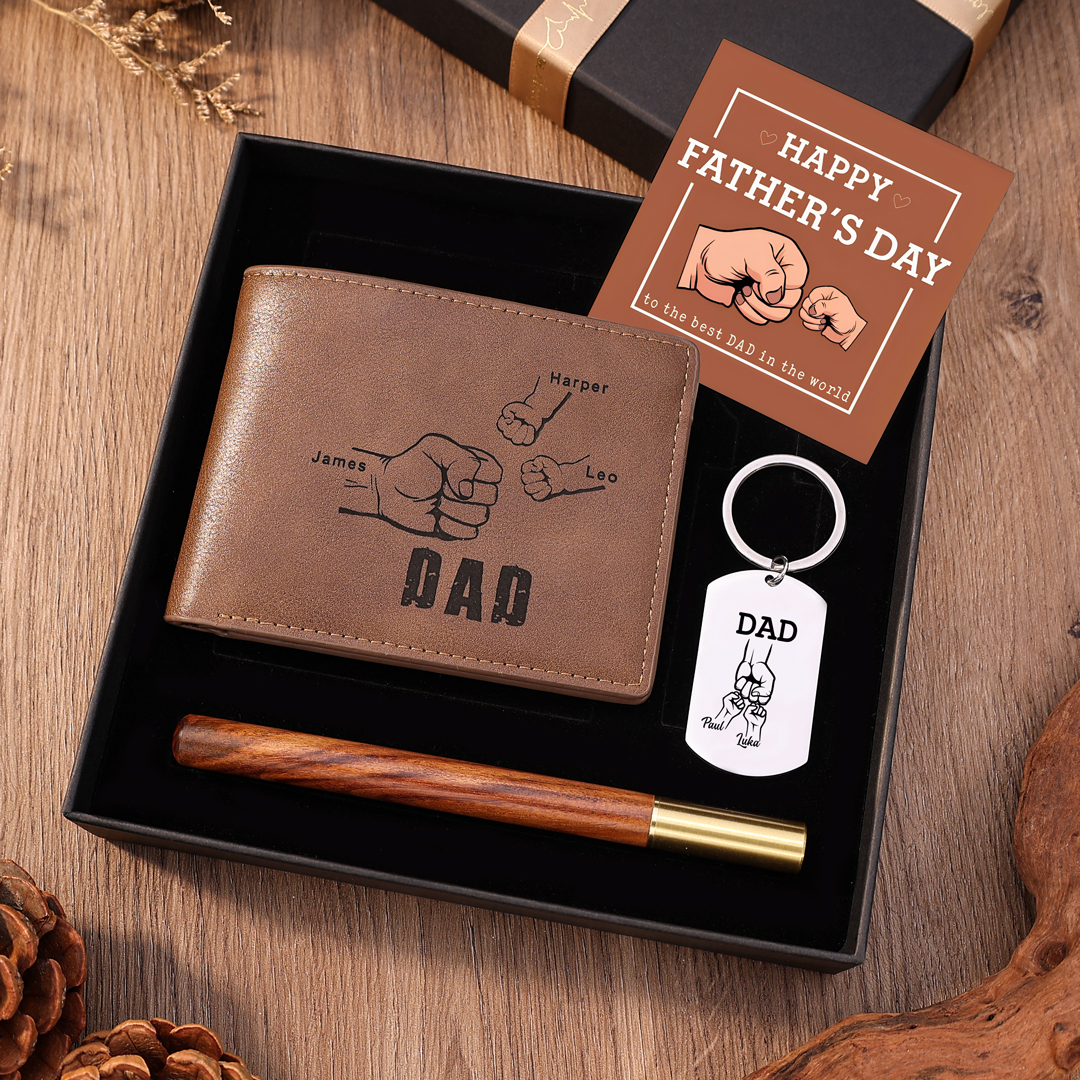 Personalised 5 Names Fist Bump Gift Set Custom Wallet & Keychain & Pen Gift Box Set with Father’s Day Gift Card 