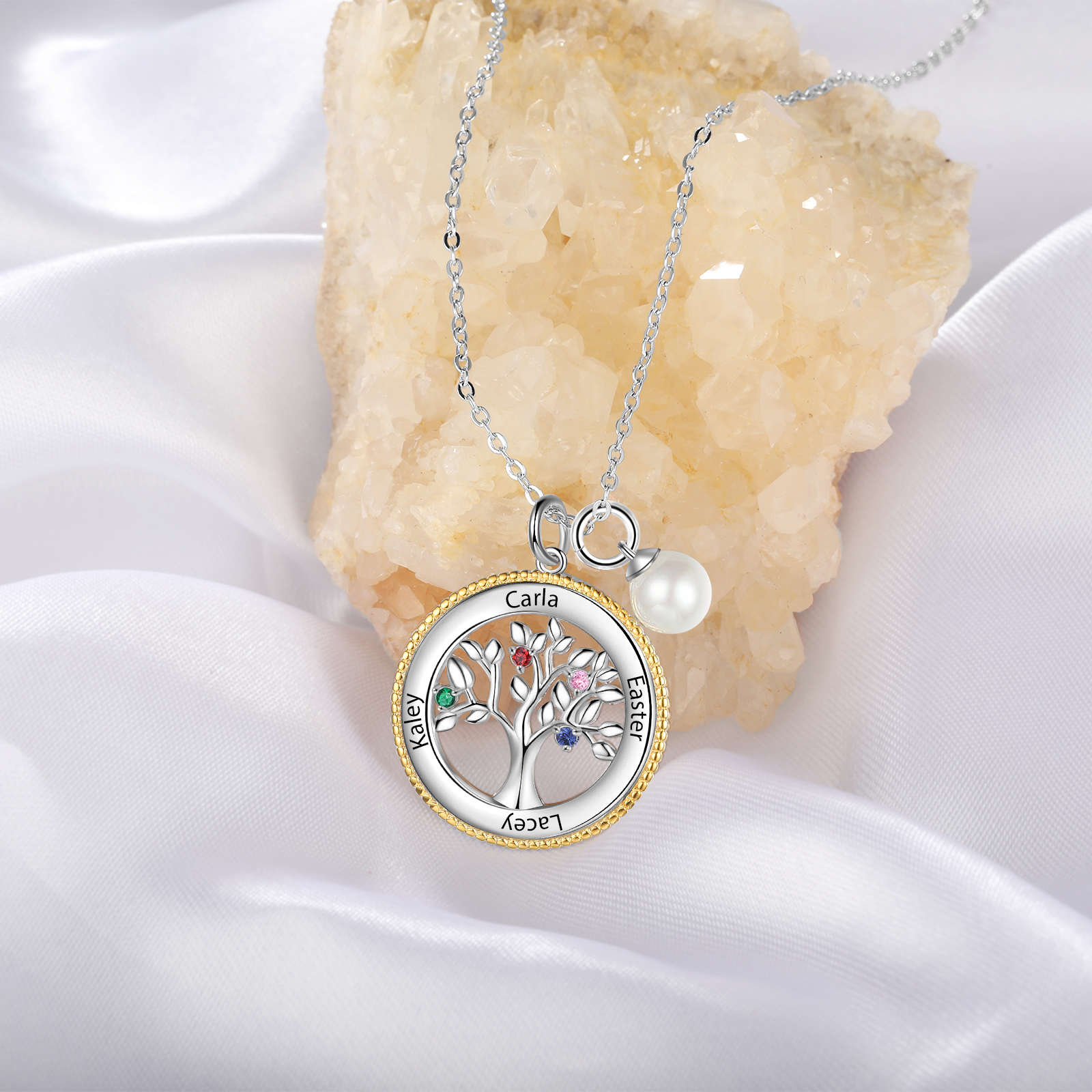 Personalised Family Tree Necklace With 4 Birthstones Engraved Names Necklace Gift For Women-Jessemade AU