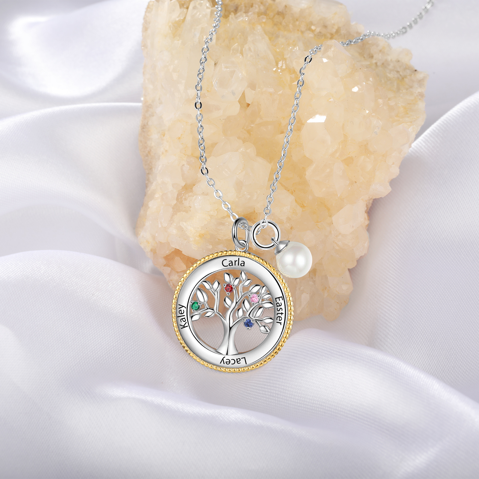 Personalised Family Tree Necklace With 4 Birthstones Engraved Names Necklace Gift For Women-Jessemade AU