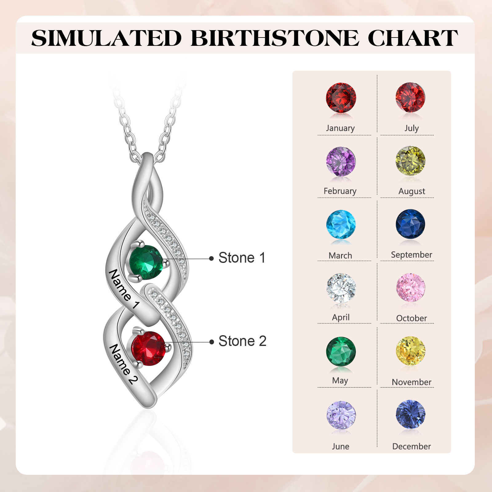 Personalised Twisted Pendant Necklace Custom 2 Birthstones & 2 Names Necklace