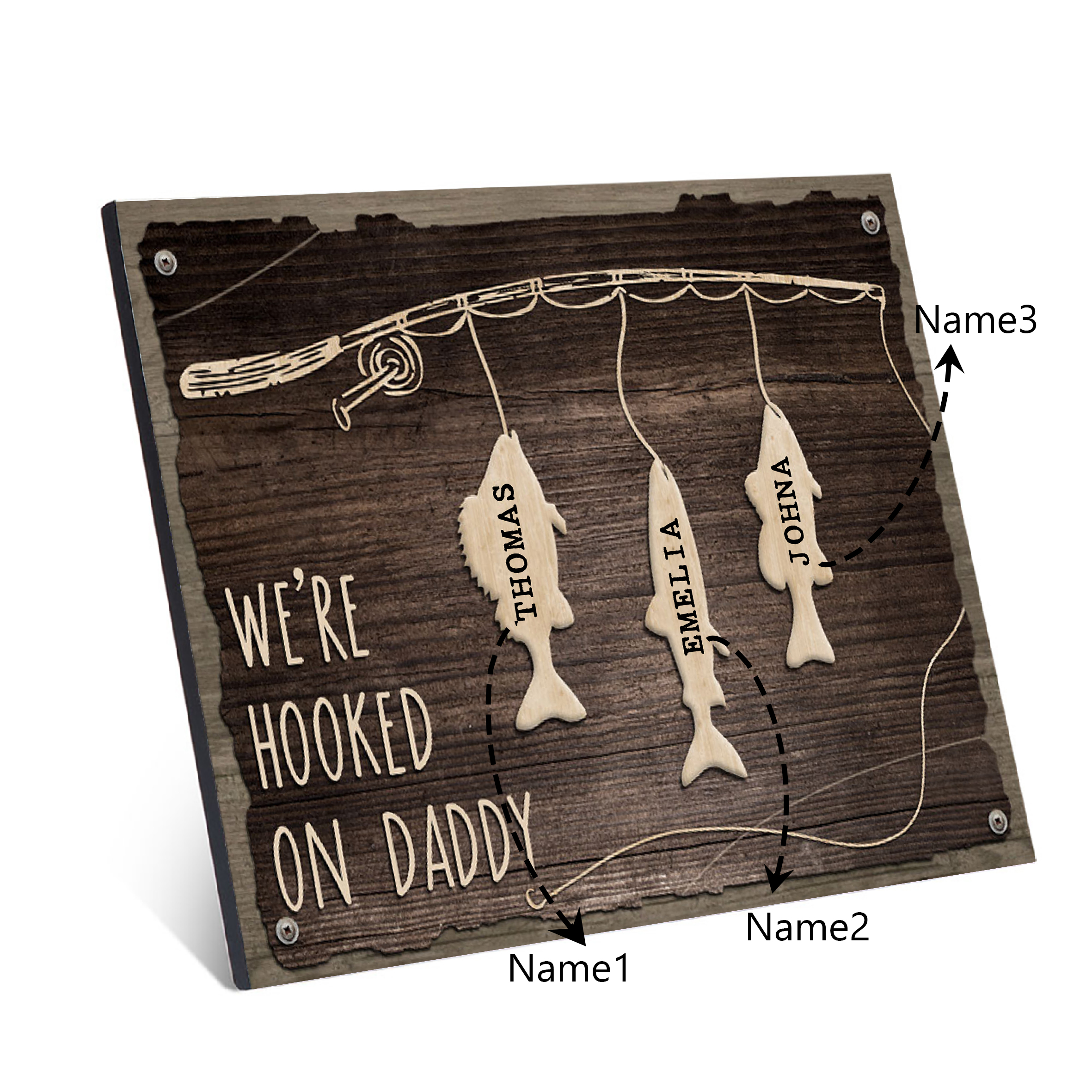 Father's Day Gifts Wood Signs Engrave 3 Names Frame Keepsake -We've Hooked On Daddy-Jessemade AU