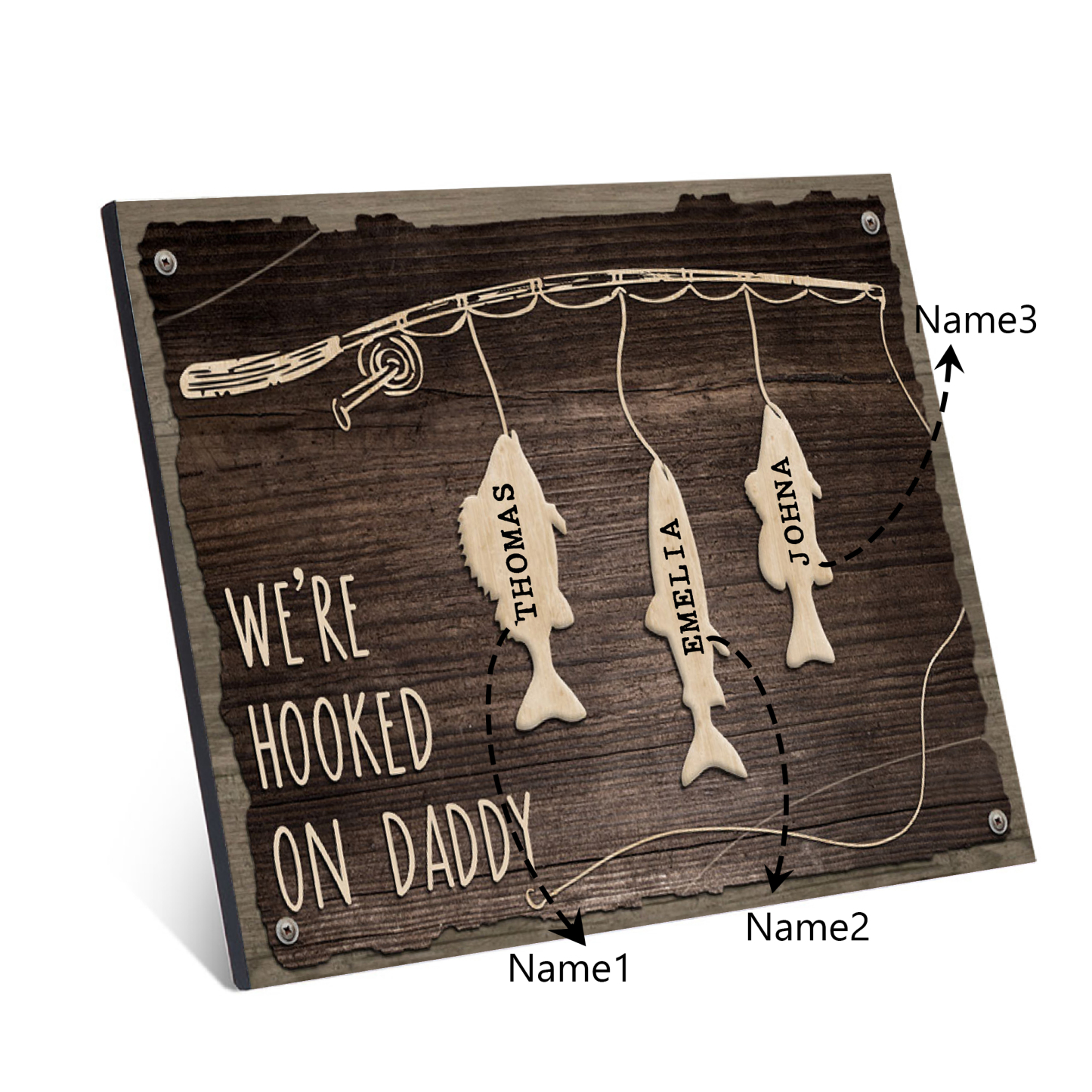 Father's Day Gifts Wood Signs Engrave 3 Names Frame Keepsake -We've Hooked On Daddy-Jessemade AU