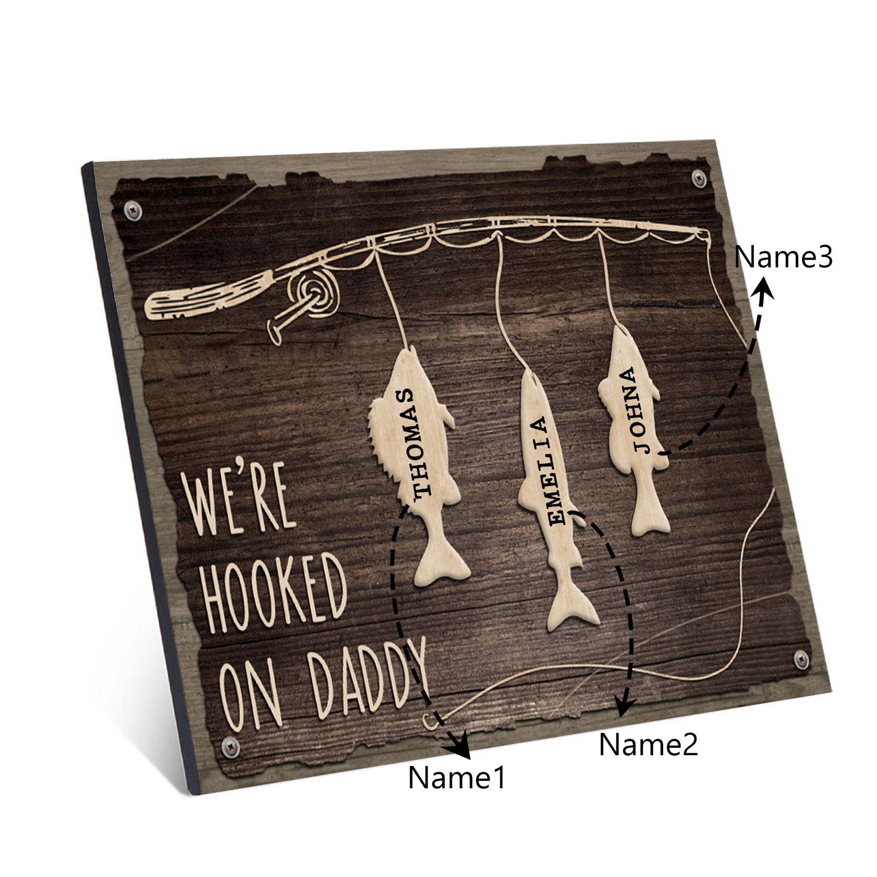 Father's Day Gifts Wood Signs Engrave 3 Names Frame Keepsake -We've Hooked On Daddy-Jessemade AU