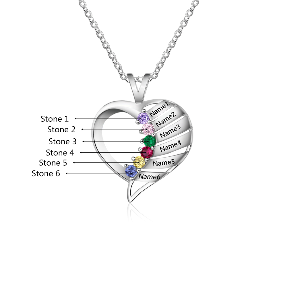 Personalised Heart Necklace With 6 Birthstones Engraved Names Gift For Her-Jessemade AU