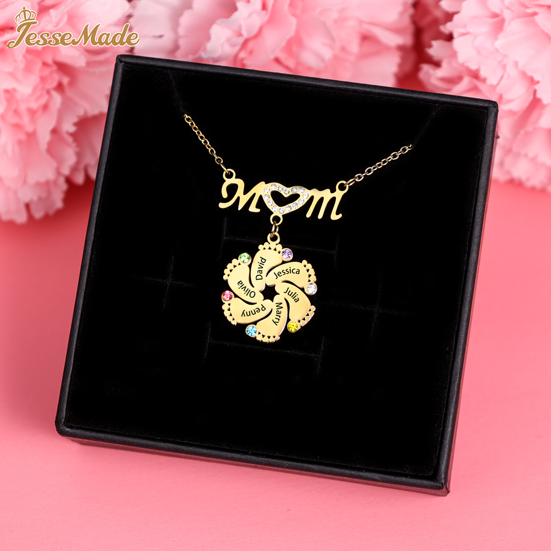 Mom Necklace Customised Baby Feet Necklace with Birthstones Engraving 8 Names Gifts for Her-Jessemade AU