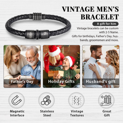 2 Names - Personalised Men's Leather Bracelet Custom Name Braided Bracelet Vintage Gift for Him-Jessemade AU