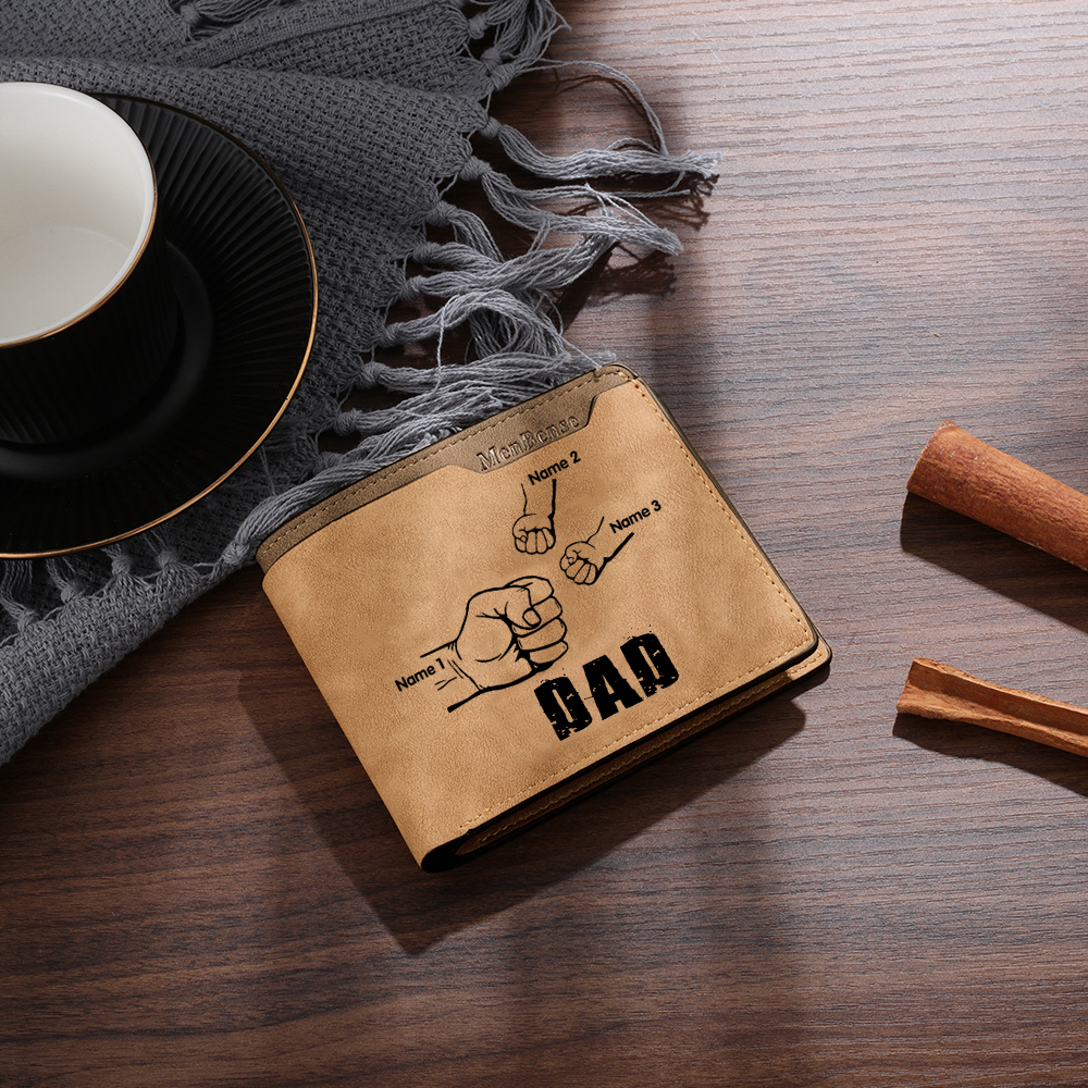 3 Names - Personalised Men Leather Wallet Custom Photo & Text & Name Folding Wallet Fist Bump Wallet Gift for Dad-Jessemade AU