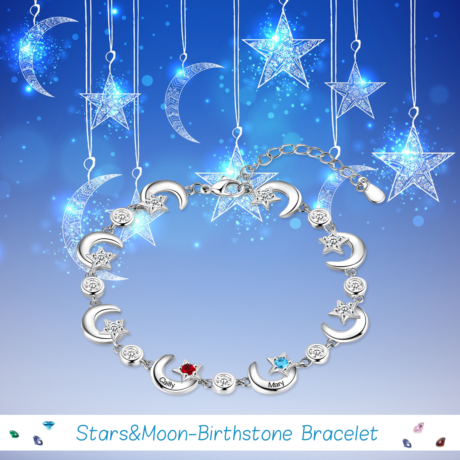 Personalised Moons And Stars Bracelet With 2 Birthstones Custom Names Bracelet Gift For Women-Jessemade AU