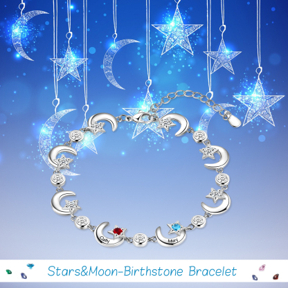 Personalised Moons And Stars Bracelet With 2 Birthstones Custom Names Bracelet Gift For Women-Jessemade AU