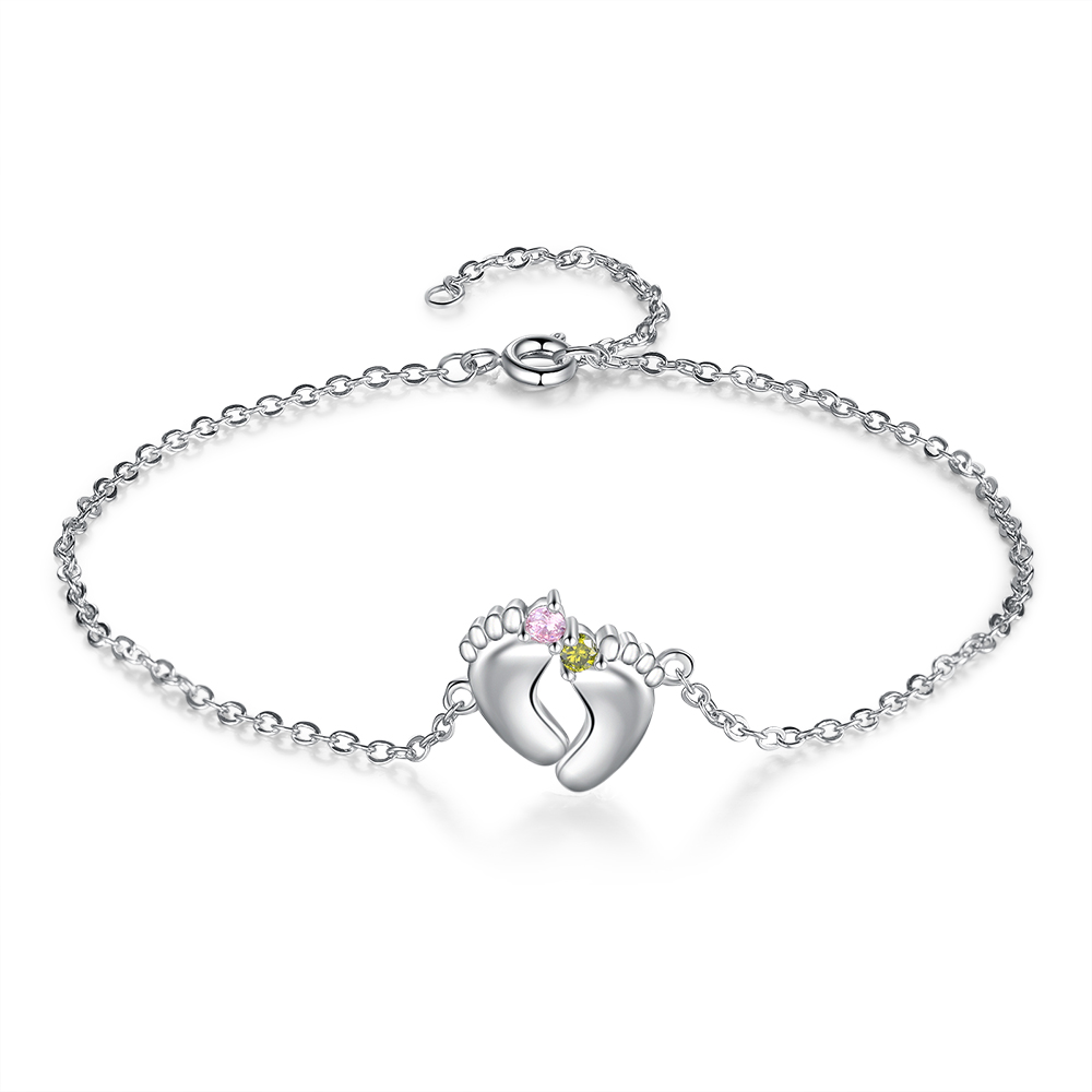 Personalised Baby Foot Necklace With 2 Birthstones Engraved Names Gift For Mother-Jessemade AU