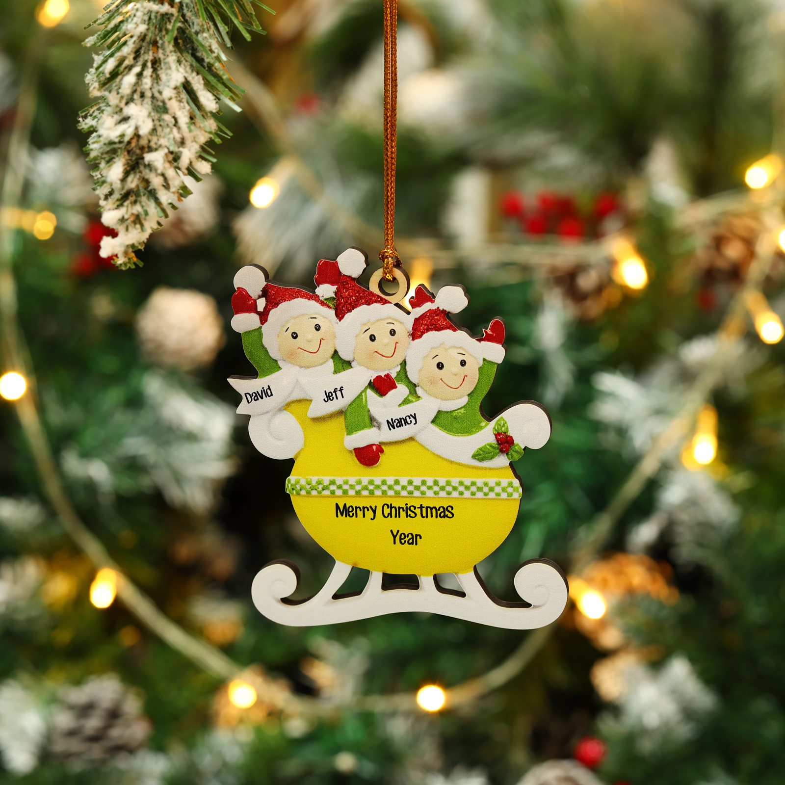 3 Names - Personalised Yellow Sleigh Family Christmas Ornament Customised Name & Text Wooden Hanging Ornaments Christmas Gift for Family-Jessemade AU
