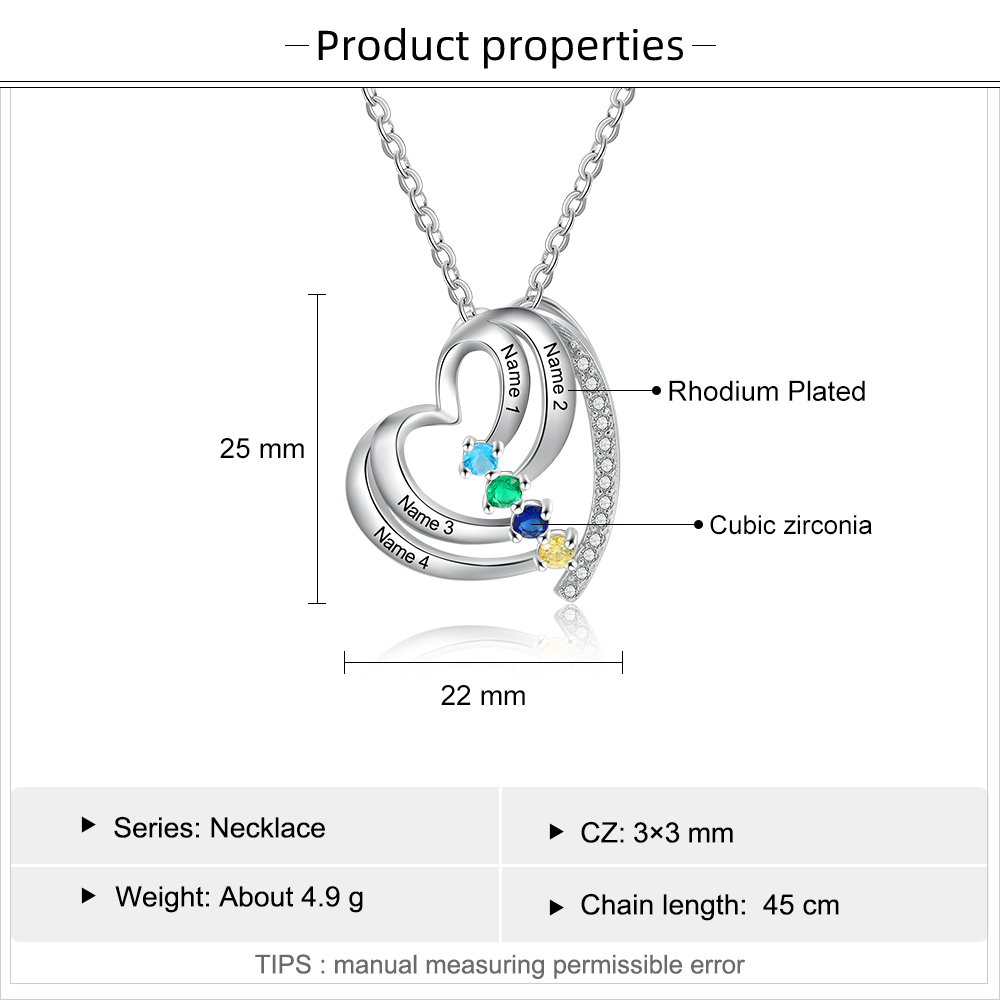 Personalised Family Heart Necklace With 4 Birthstones Engraved Names Gift For Her-Jessemade AU