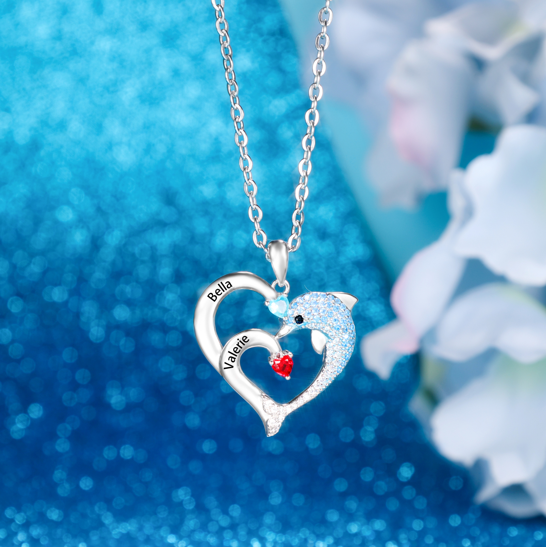 Personalised Heart Dolphin Necklace With 2 Birthstones Engraved Names Gift For Her-Jessemade AU
