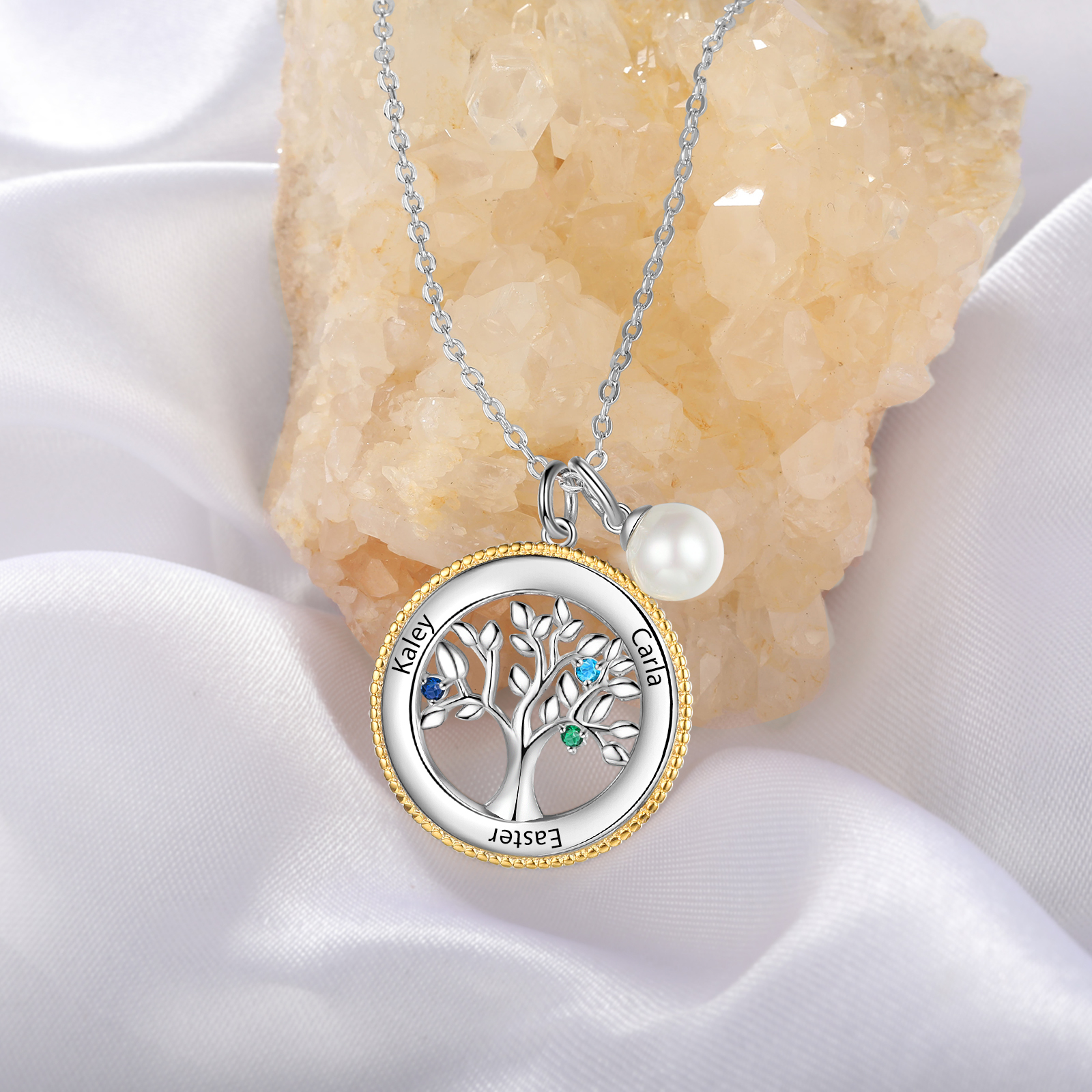 Personalised Family Tree Necklace With 3 Birthstones Engraved Names Necklace Gift For Women-Jessemade AU