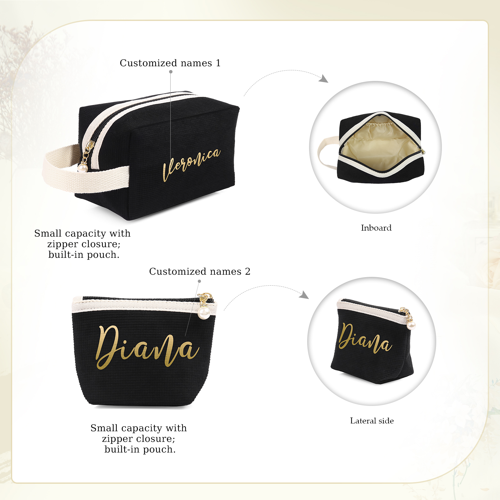 A Set Personalised Name Cosmetic Bag Custom Makeup Bag Zipper Storage Bag Gifts for Ladies Girls-Jessemade AU