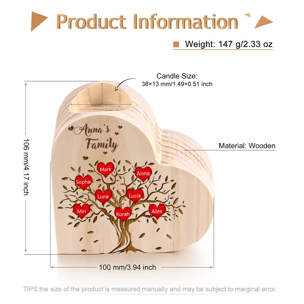 To My Family Wooden Heart Candle Holder Custom 8 Names Family Tree Candlesticks-Jessemade AU