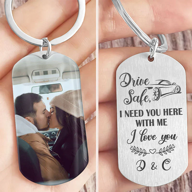 Personalised Couple Photo Keychain Custom 2 Letters Keyring “Drive Safe I Need You Here With Me” Valentine's Day Gift For Couples-Jessemade AU