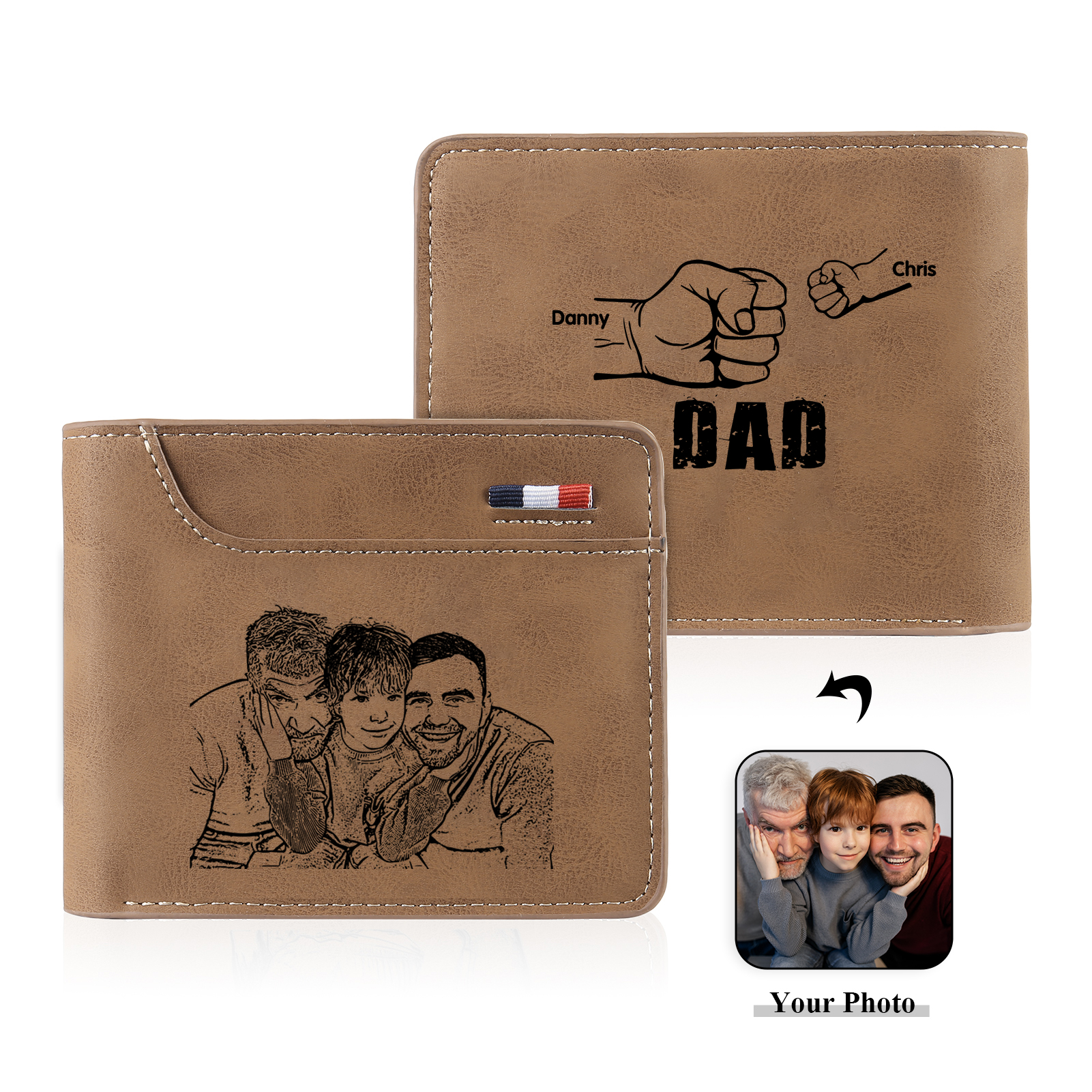 2 Names - Personalised Men Leather Wallet Custom Name & Photo & Text Folding Wallet Fist Bump Wallet Gift for Dad-Jessemade AU