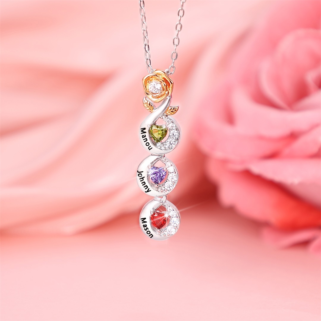 Custom Family Necklace Rose Pendant with 3 Birthstones Engraving 3 Names Gifts for Her-Jessemade AU