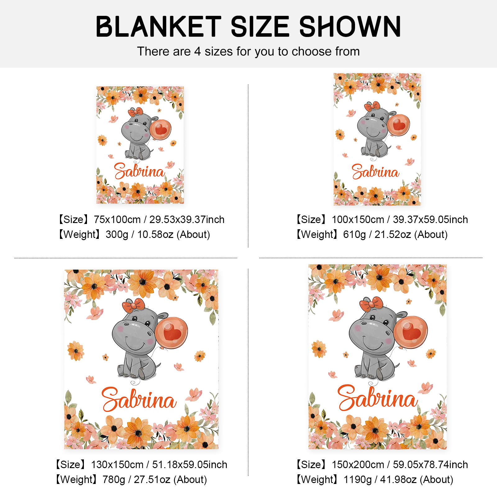 Personalised Hippo Blanket Custom Name Cute Cartoon Blanket-Jessemade AU