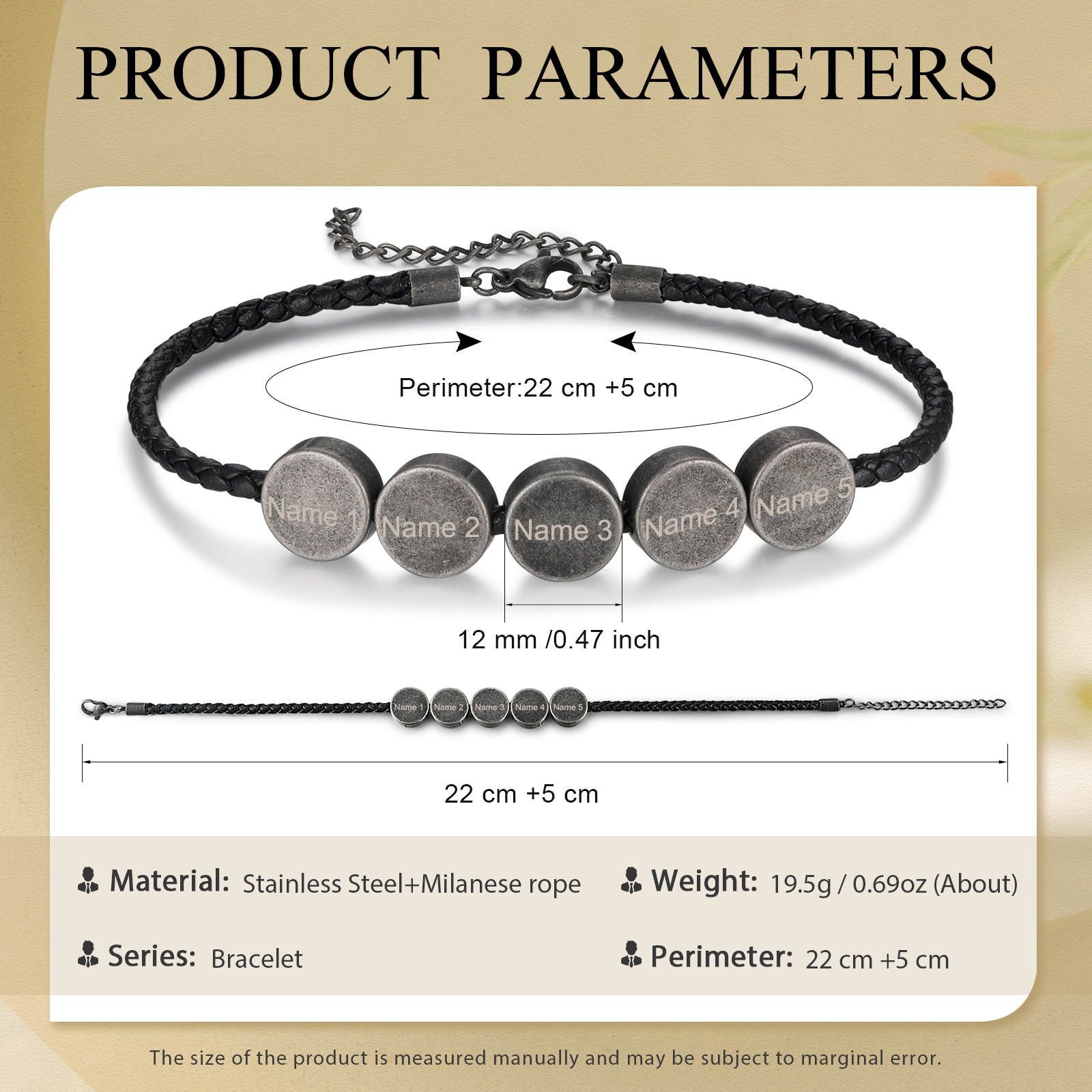 5 Names - Vintage Men's Leather Bracelet Custom Names Beads Bracelet Stainless Steel Personalised Gift for Him-Jessemade AU