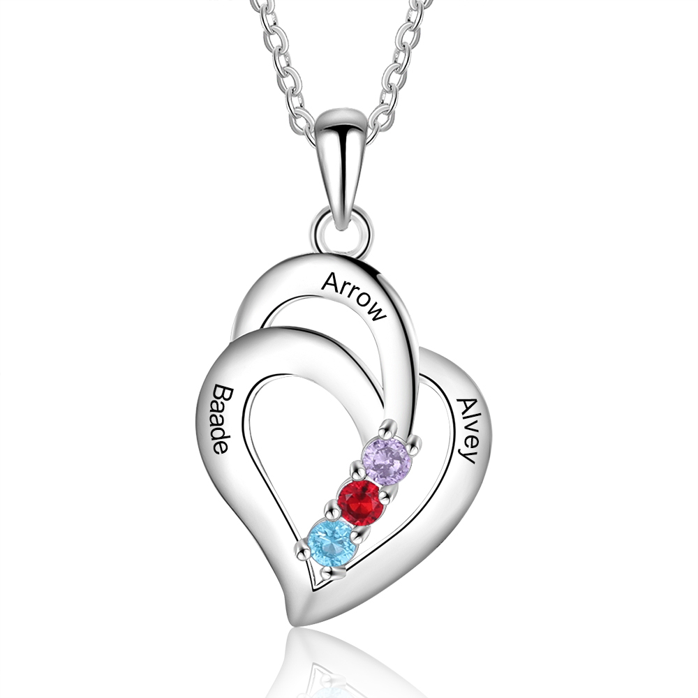 Personalised Heart Necklace With 3 Birthstones Engraved Names Gift For Her-Jessemade AU