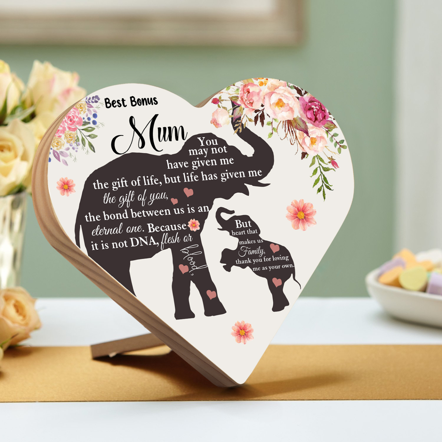 To My Best Bonus Mum Wooden Flowers Heart Keepsake Desktop Ornament "Thank You for Loving Me As Your Own"-Jessemade AU