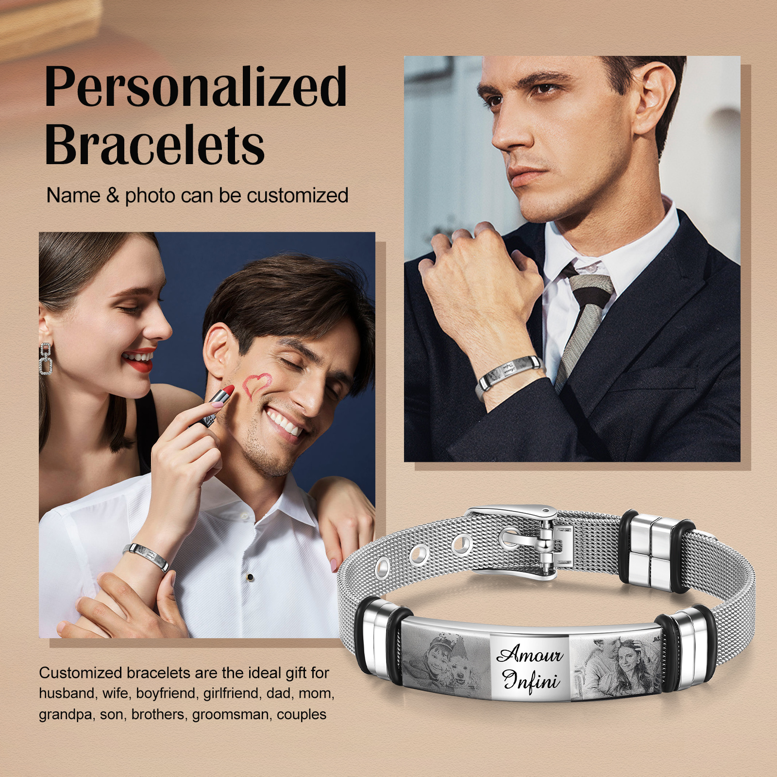 Personalised ID Bar Bracelet Engraved 2 Photos Men Women Bracelet-Jessemade AU