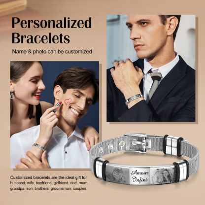 Personalised ID Bar Bracelet Engraved 2 Photos Men Women Bracelet-Jessemade AU