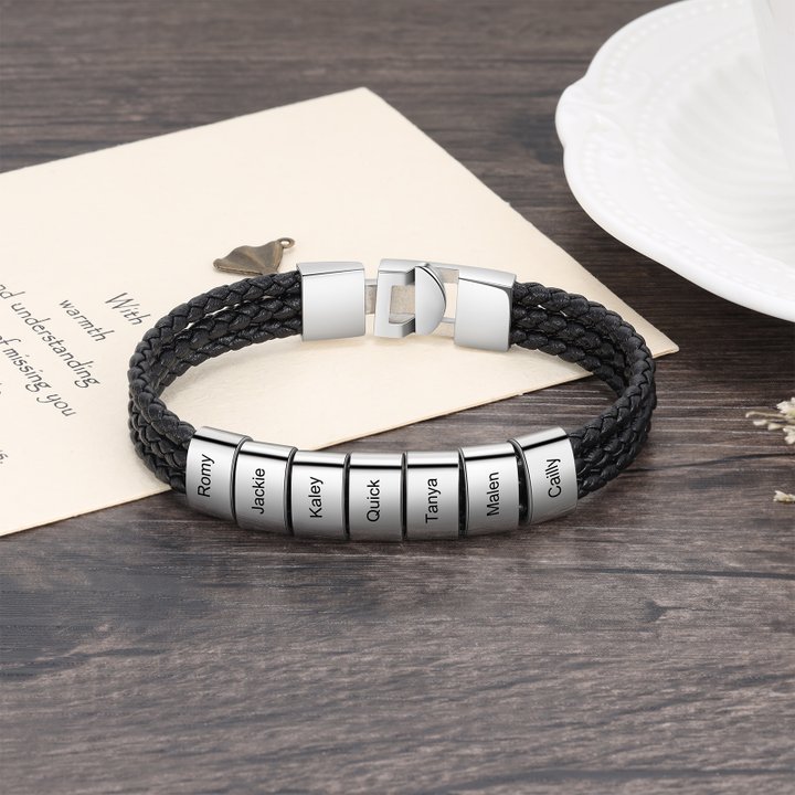 Personalised Braided Leather Bracelet Engraved 7 Names Men's Bracelet Gifts For Him-Jessemade AU