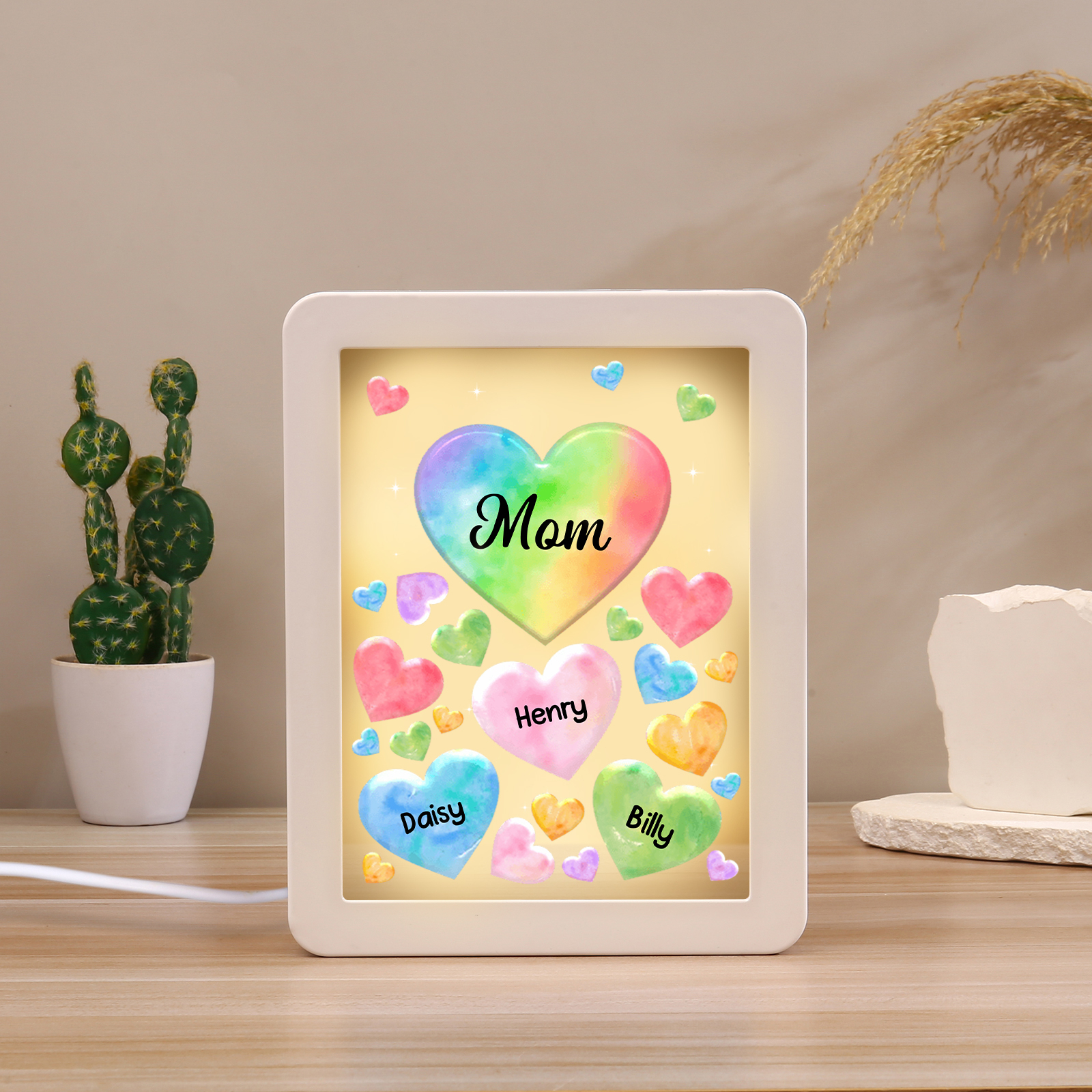 Personalised Night Light Mirror Frame Custom 1 Text & 3 Names Colourful Hearts Family LED Lamp Gift for Grandma/Mother-Jessemade AU