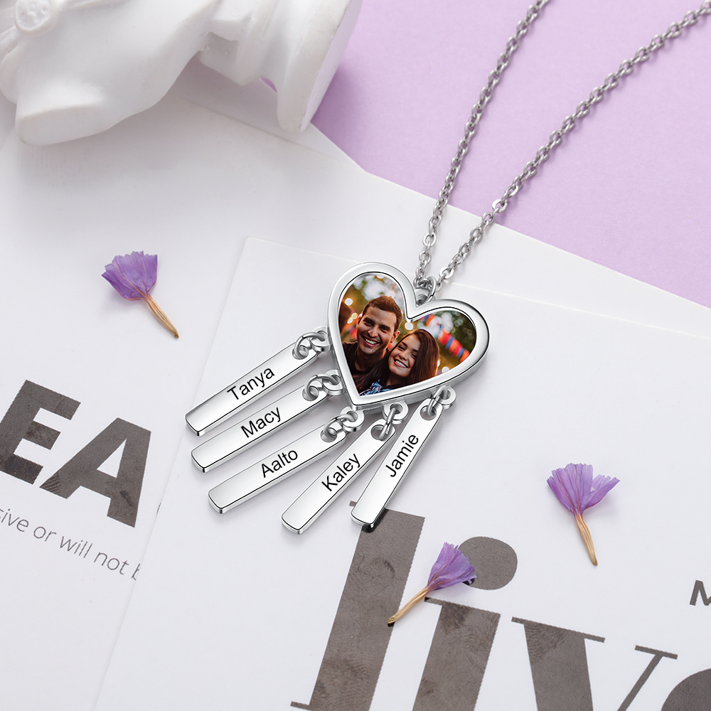Personalised Photo Necklace Engraved 5 Names Bar Necklace Gifts For Her-Jessemade AU