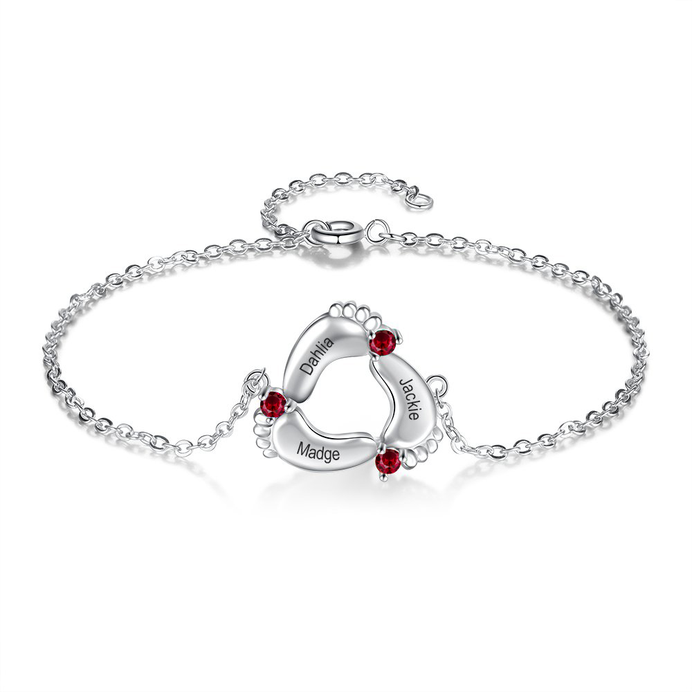 Personalised Baby Foot Bracelet With 3 Birthstones Engraved Names Gift For Mother-Jessemade AU