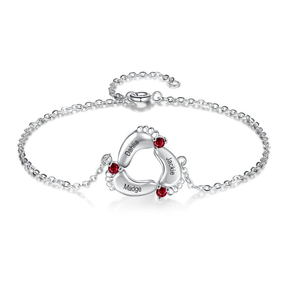 Personalised Baby Foot Bracelet With 3 Birthstones Engraved Names Gift For Mother-Jessemade AU