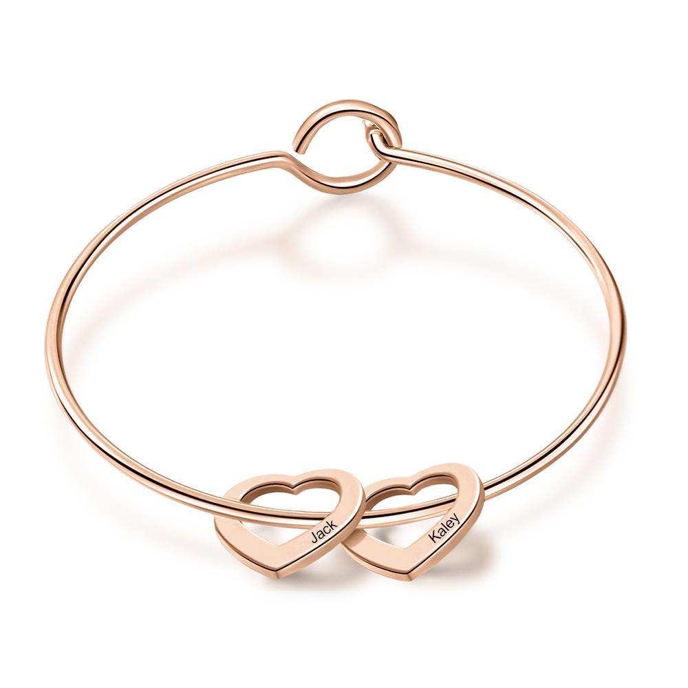 Children Bangle Bracelet with 2 Heart Pendants Engraved 2 Names Gifts-Jessemade AU