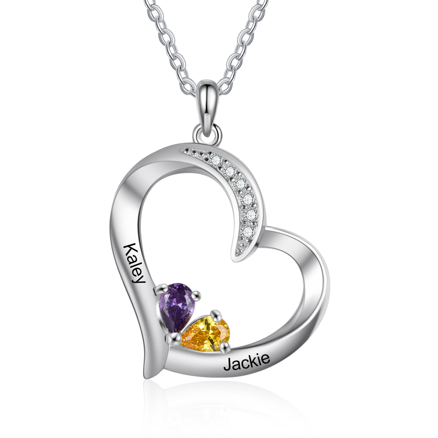Personalised Heart Necklace With 2 Birthstones Engraved Names Gift For Her-Jessemade AU