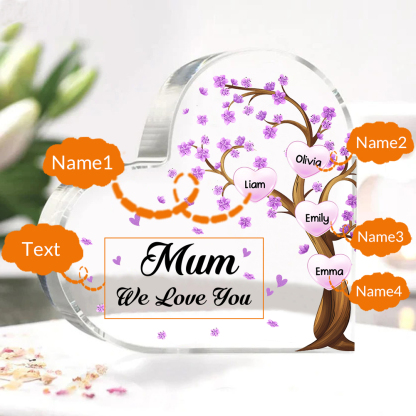 4 Names - Personalised Acrylic Heart Keepsake Custom Text Purple Flowers Tree Ornaments Gifts for Grandma/Mother-Jessemade AU