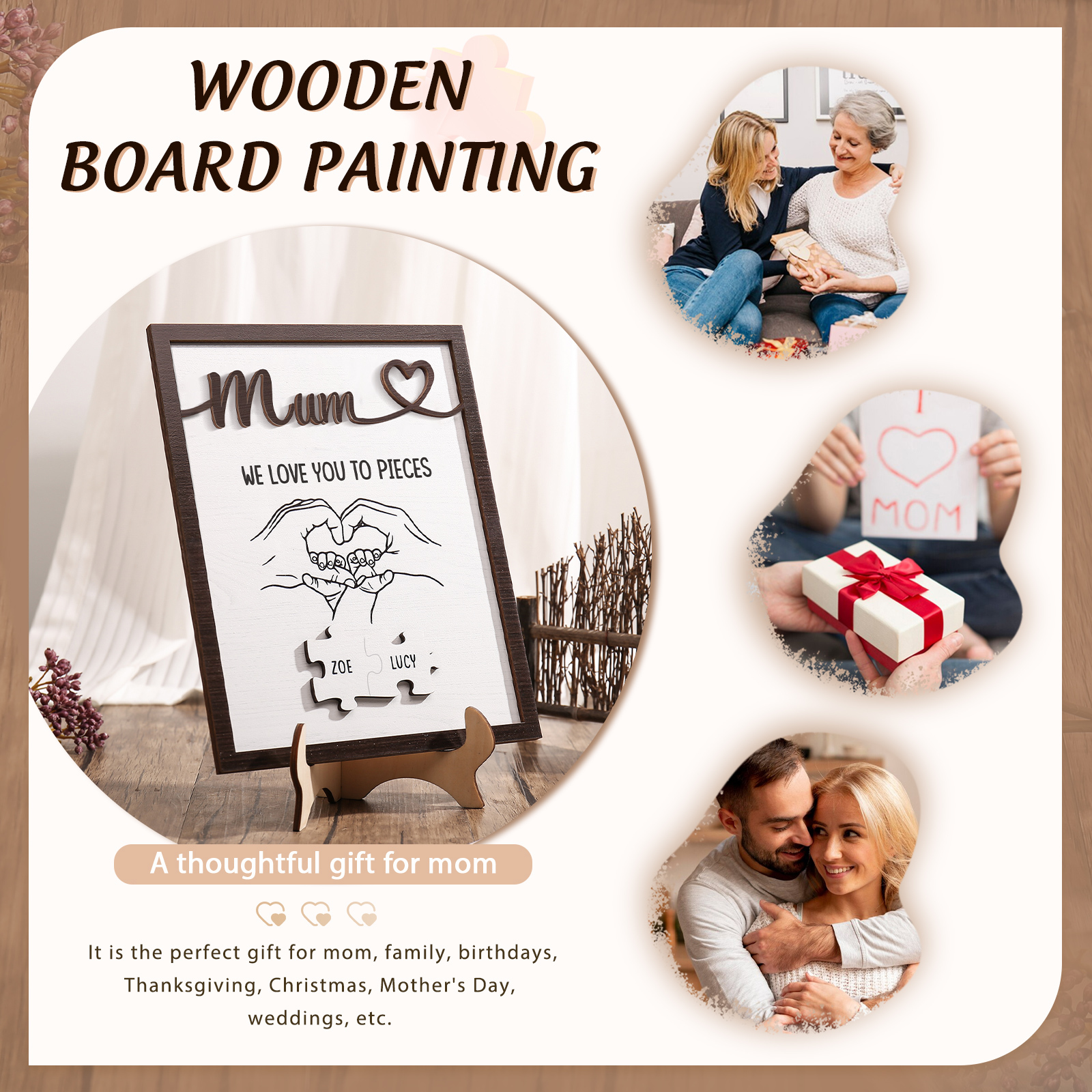 Personalised Puzzle Pieces Wooden Plaque Custom 2 Names & Text & Salutation Holding Hands Family Wooden Sign With Stand Gifts for Mum-Jessemade AU