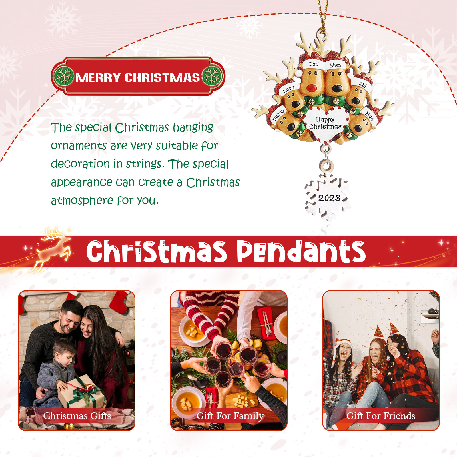 6 Names - Personalised Reindeer Christmas Ornament Customised Name & Text & Year Wooden Hanging Ornaments Christmas Gift for Family-Jessemade AU