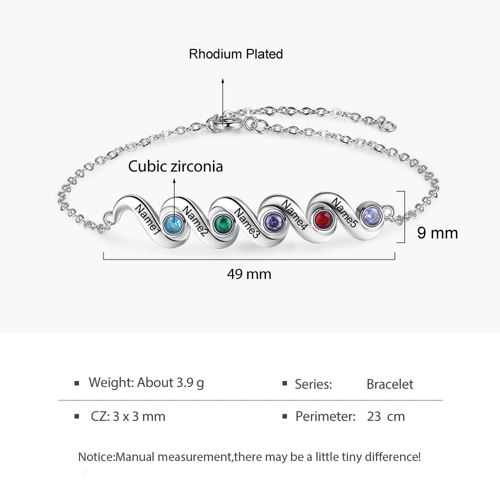 Personalised Bracelet With 5 Birthstones Engraved Names Bracelet Gift For Women-Jessemade AU
